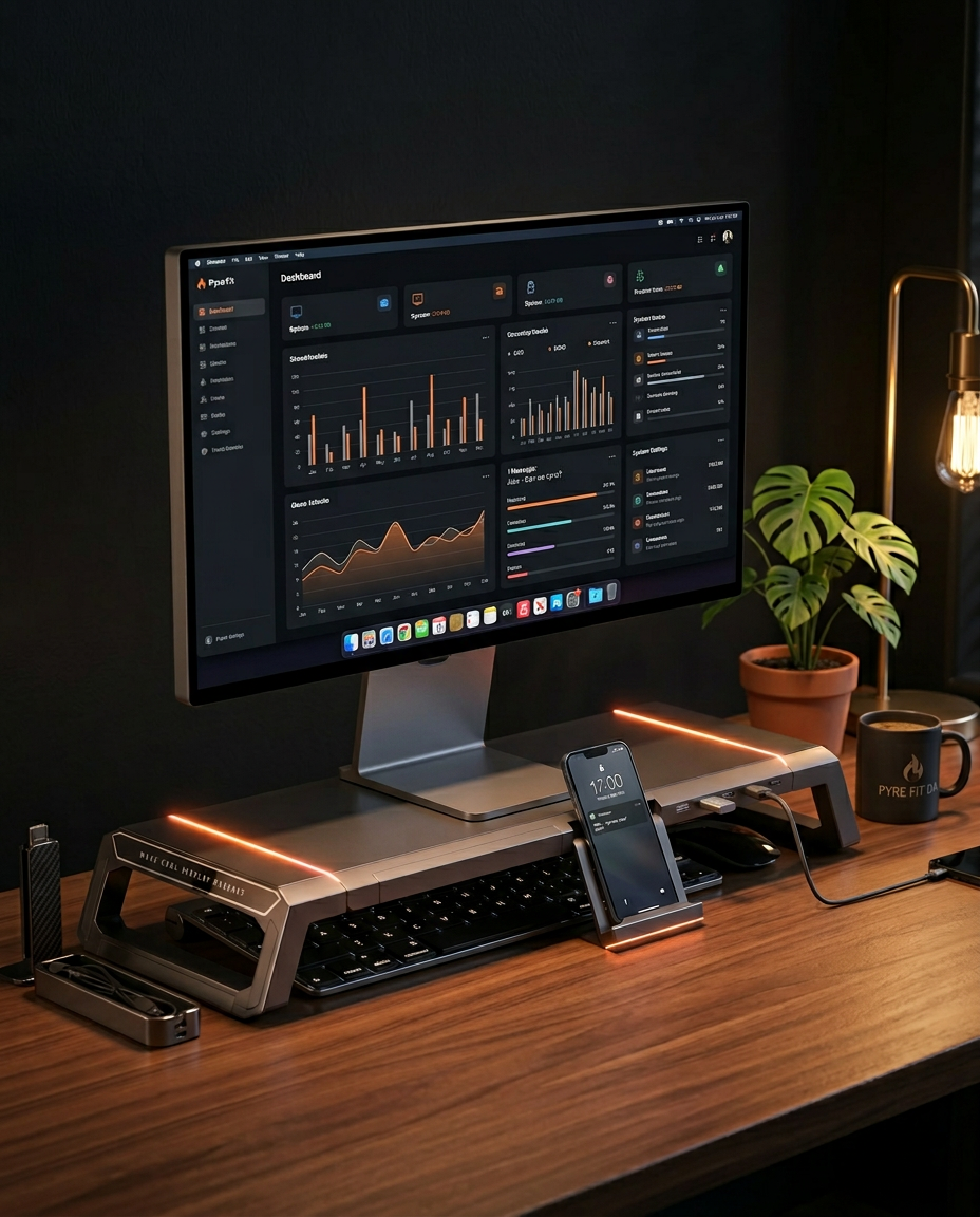 Monitor stand with orange RGB glow on a dark wood home-office desk