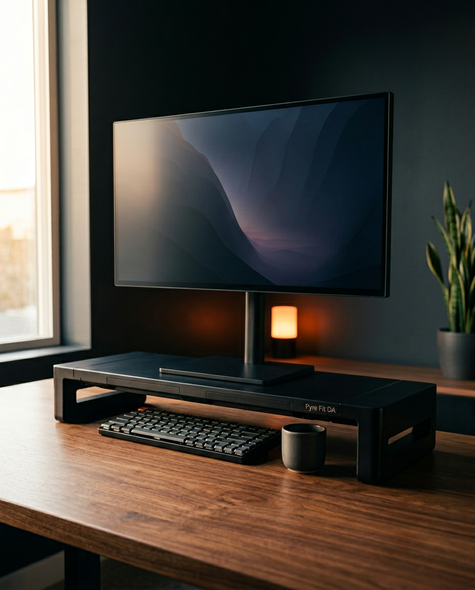 Monitor riser holding a screen and keyboard in a warm home office