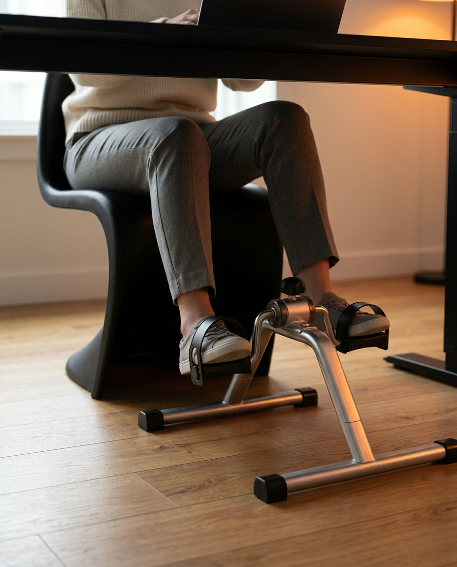 Person pedaling the mini exercise bike under a desk in a home office