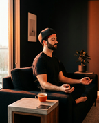 Man relaxing on a sofa wearing the red light hair cap during home massage