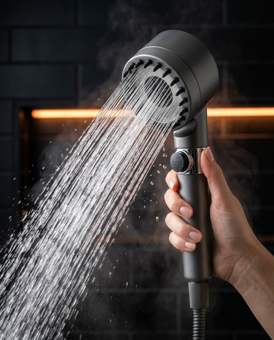 Hand holding the filtered shower head spraying in a steamy bathroom