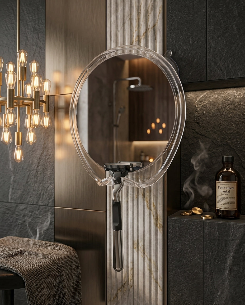 Fog-free shower mirror suction-mounted on a marble wall in a steamy luxe bathroom