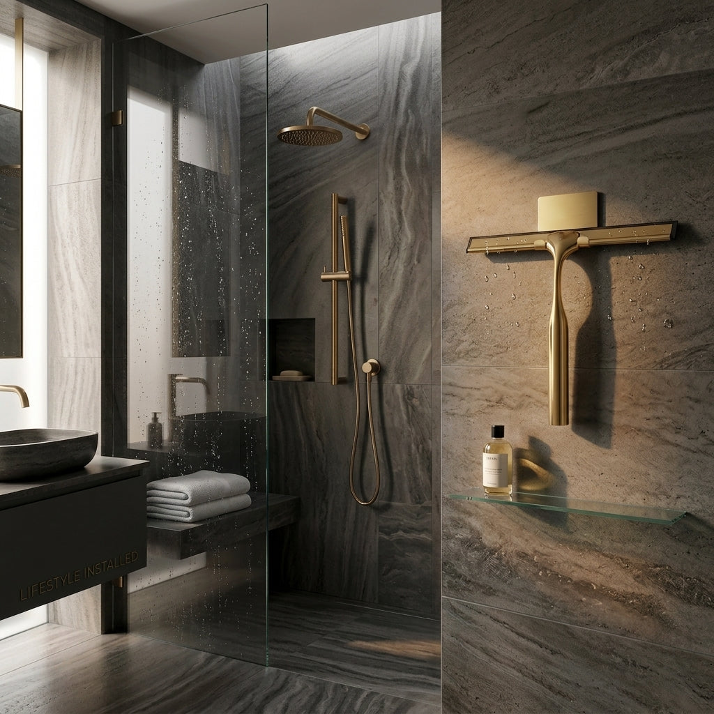 Brass shower squeegee hanging on its wall hook in a marble walk-in shower