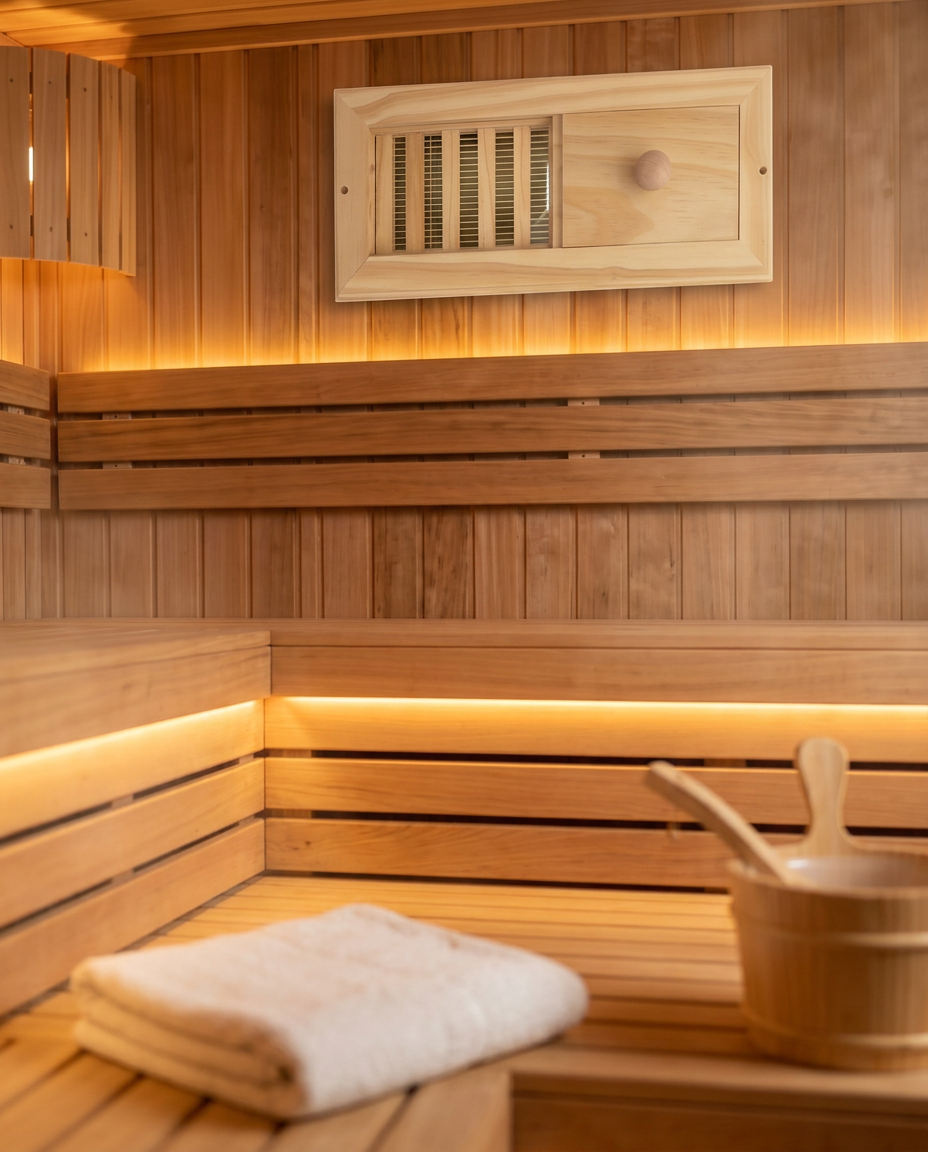Sauna air vent installed high on a cedar wall above tiered benches