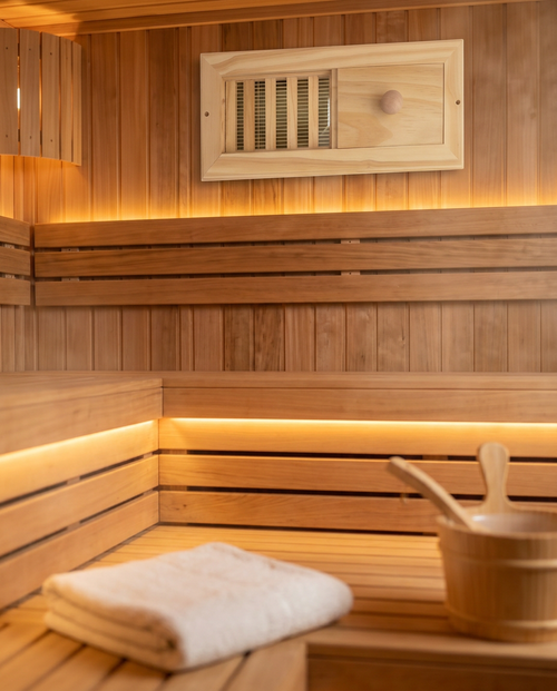 Sauna air vent installed high on a cedar wall above tiered benches