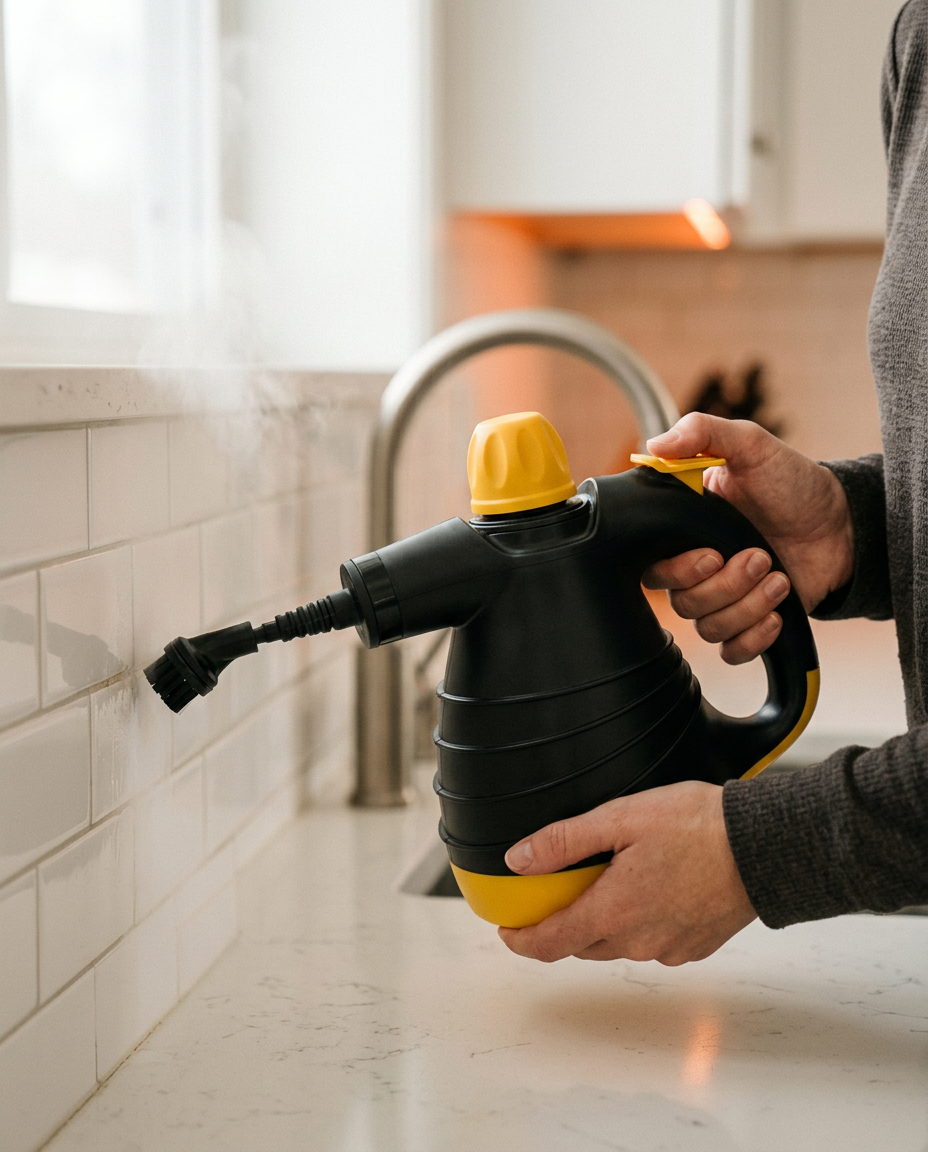 Hands aiming the steam cleaner at white subway tile grout in a kitchen