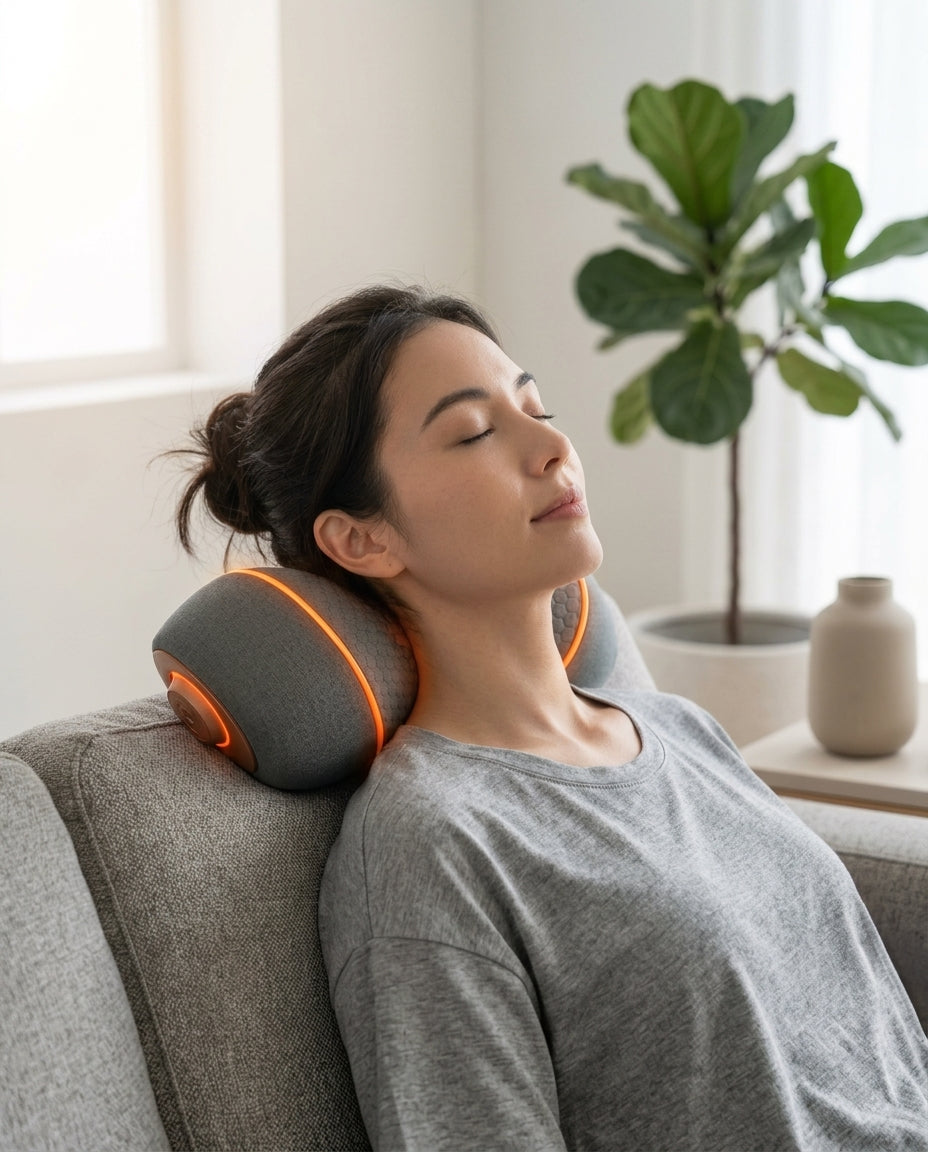 Woman relaxing on a sofa with the heated neck massage pillow around her neck