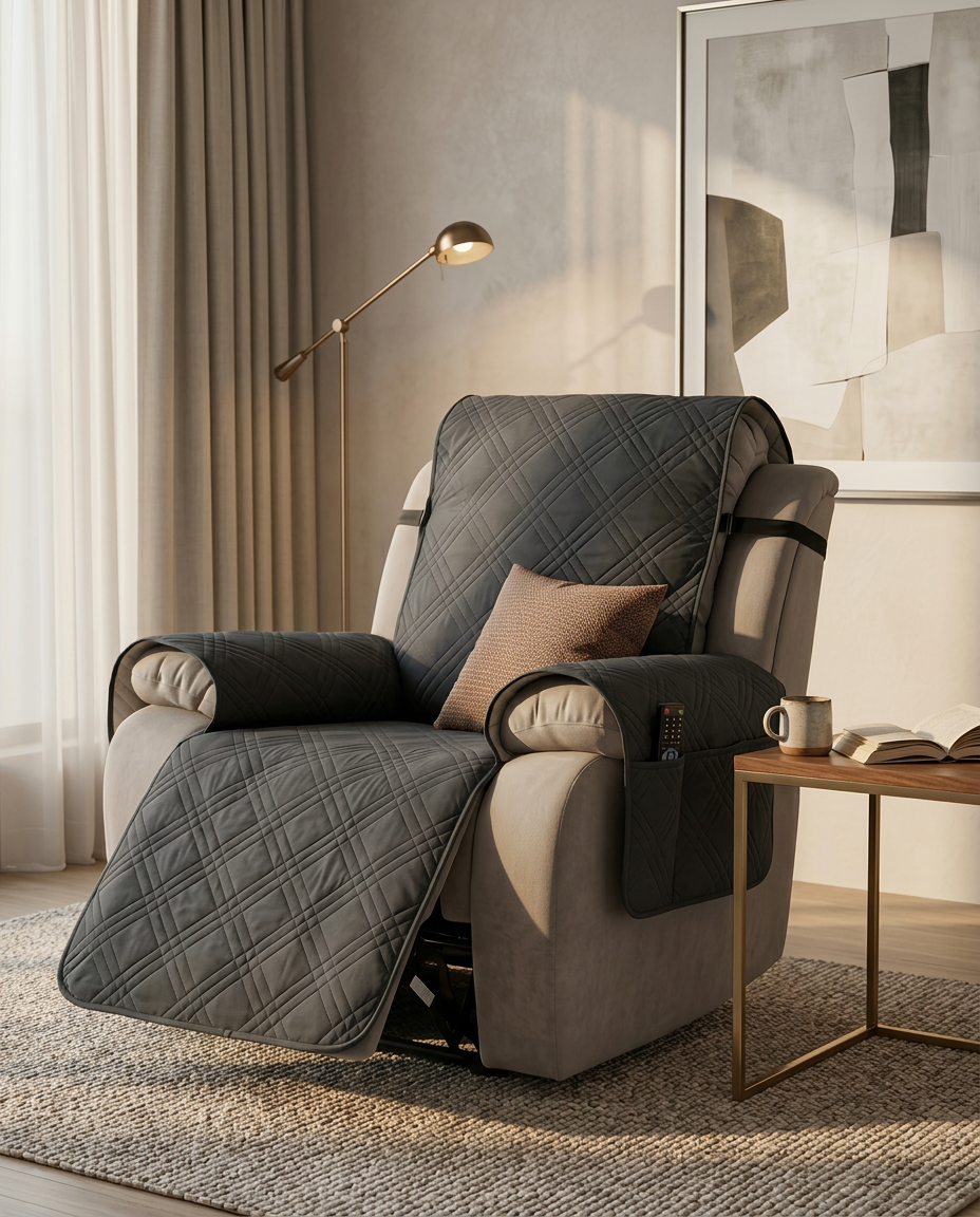 Grey quilted cover draped over a recliner in a sunlit living room