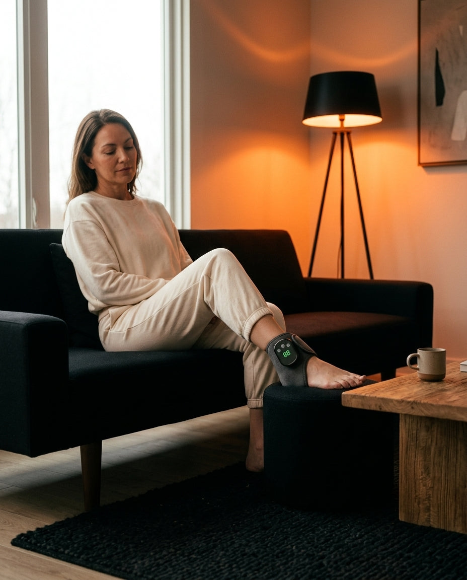 Woman on a sofa with the heated massager wrap on her lower leg in a living room
