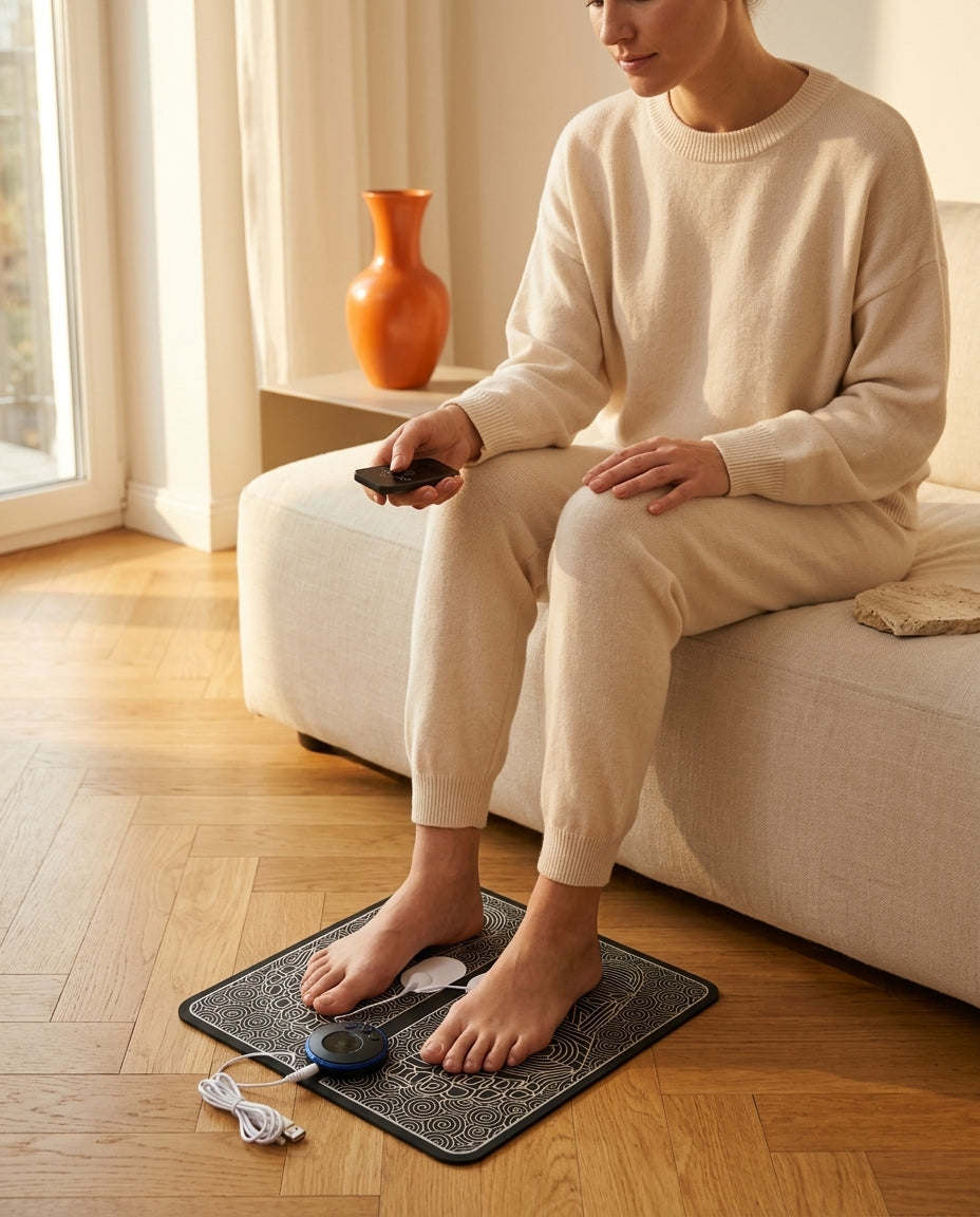 Woman on a sofa resting bare feet on the EMS foot massager mat with remote
