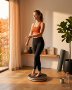 Woman balancing on the wooden rotation board in a sunlit living room