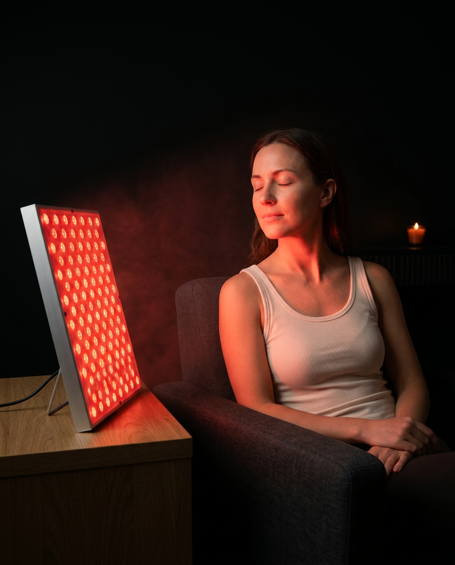 Woman relaxing in an armchair beside a glowing red light panel