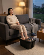 Woman relaxing on a couch soaking her feet in the heated foot spa bath