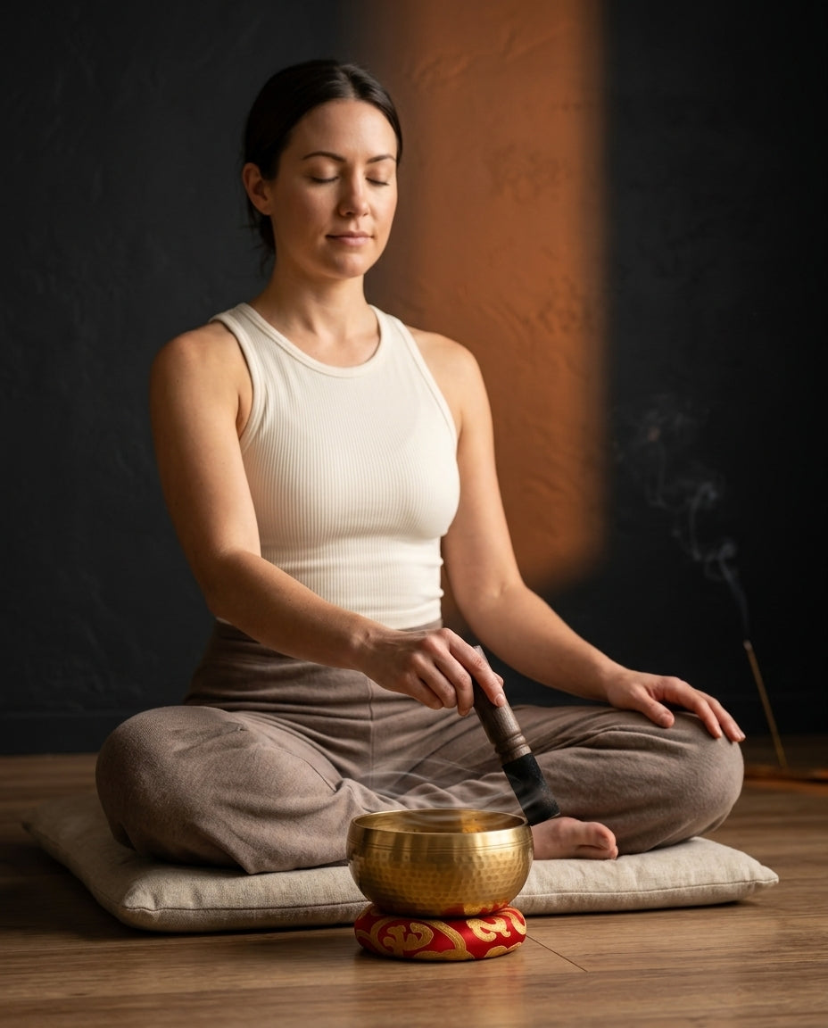 Woman meditating on the floor sounding the brass singing bowl with incense