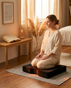 Woman meditating kneeling on the black foam cushion in a calm room