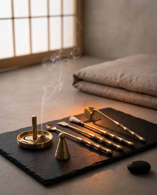 Brass incense tools on a slate board in a sunlit meditation corner with smoke