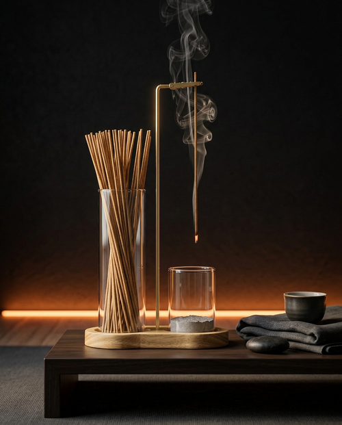 Incense holder set burning on a wood tray in a dim meditation corner with stone bowl