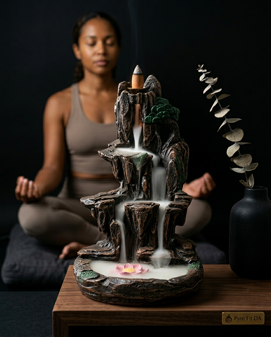 Woman meditating behind the incense holder with cascading smoke