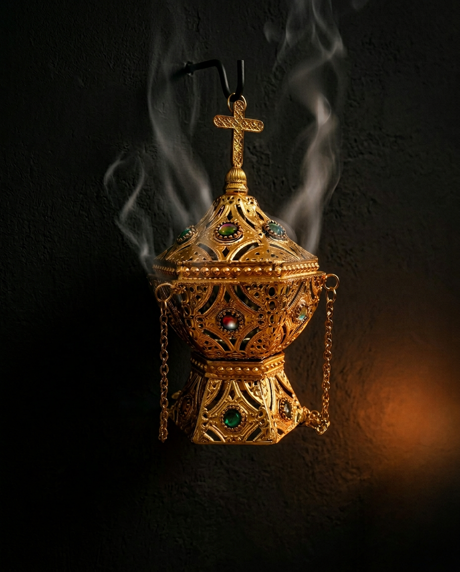 Gold incense burner hanging from chain with smoke against dark wall