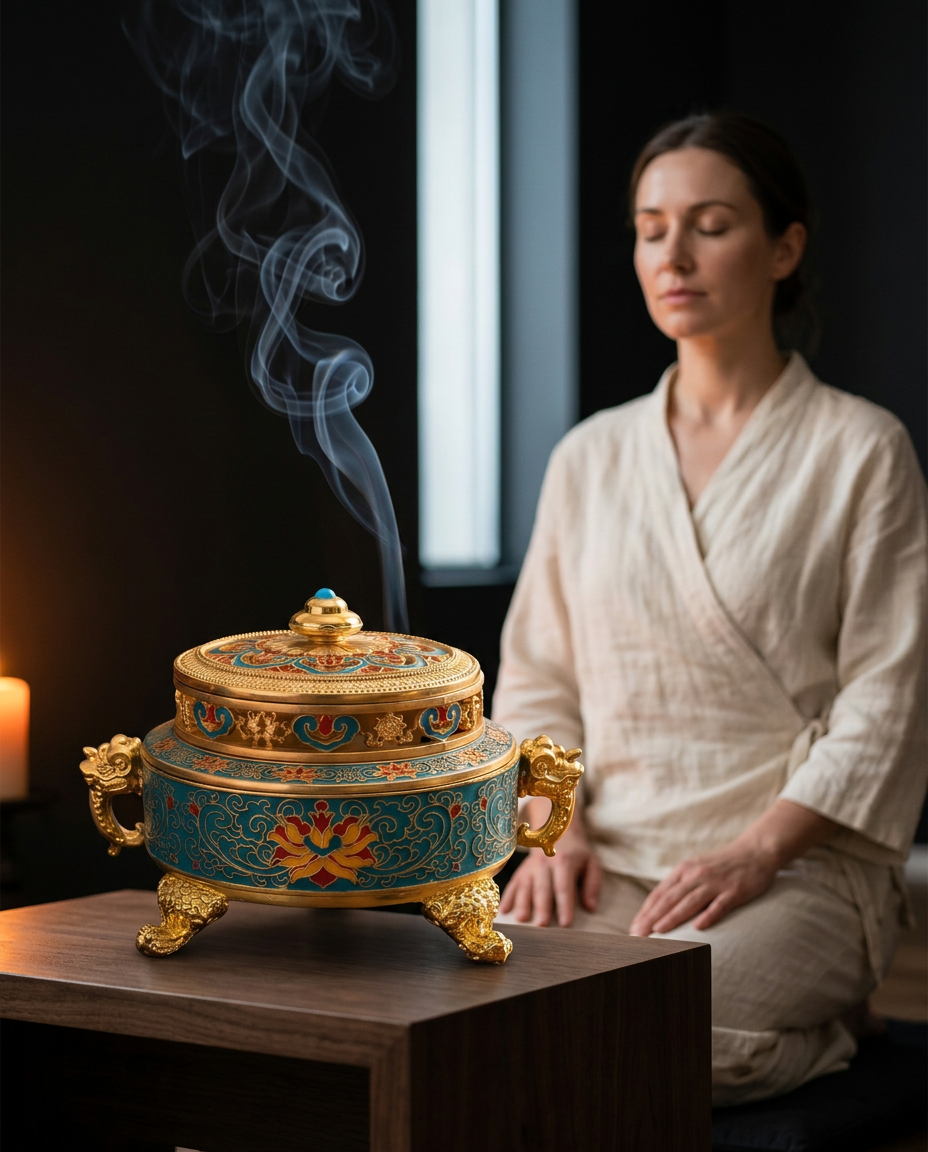 Woman meditating beside the gold lotus incense burner with rising smoke