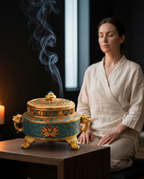 Woman meditating beside the gold lotus incense burner with rising smoke