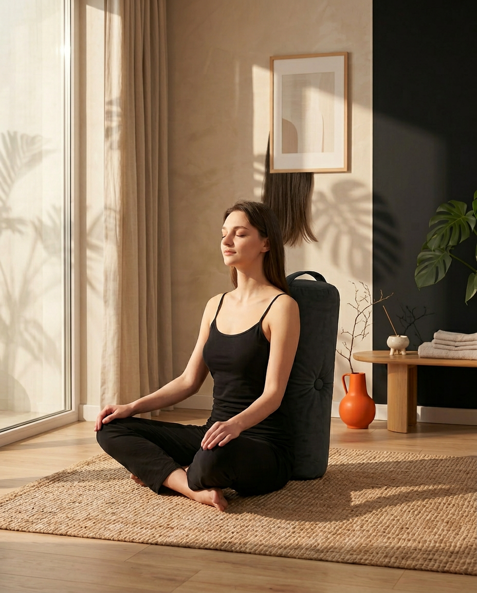 Woman meditating cross-legged leaning against the black velvet bolster
