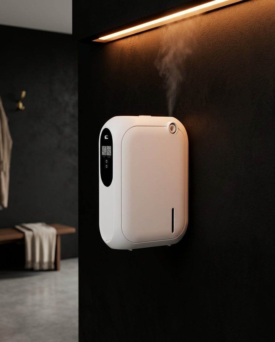 Wall-mounted white aroma diffuser releasing mist in a dark hallway