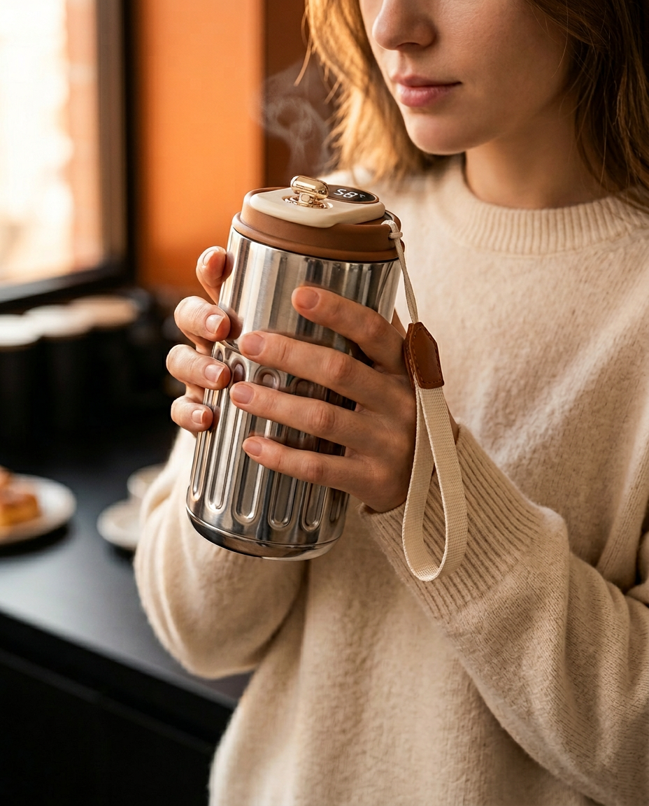 Woman by a window holding the steaming smart temperature coffee mug