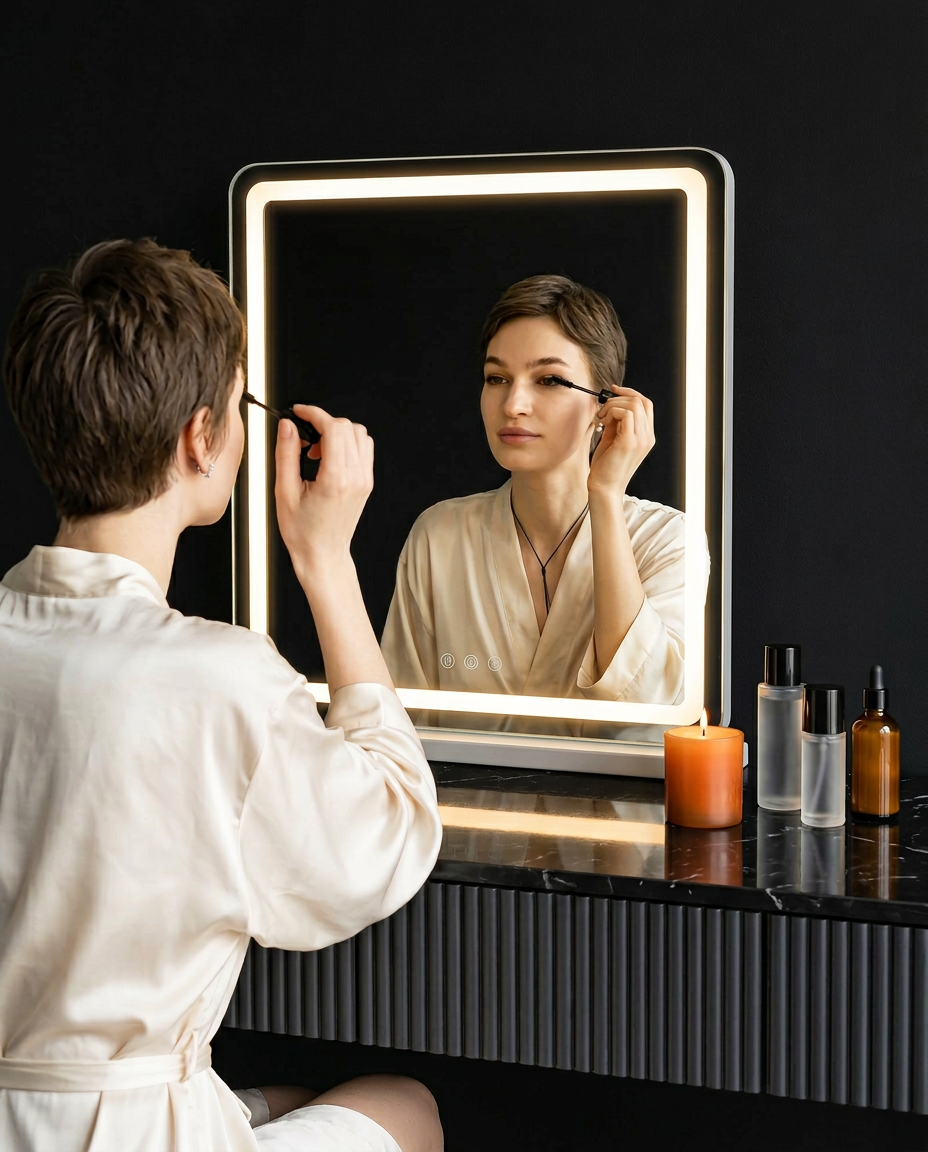 Woman applying mascara in front of the backlit LED vanity mirror on a dark vanity