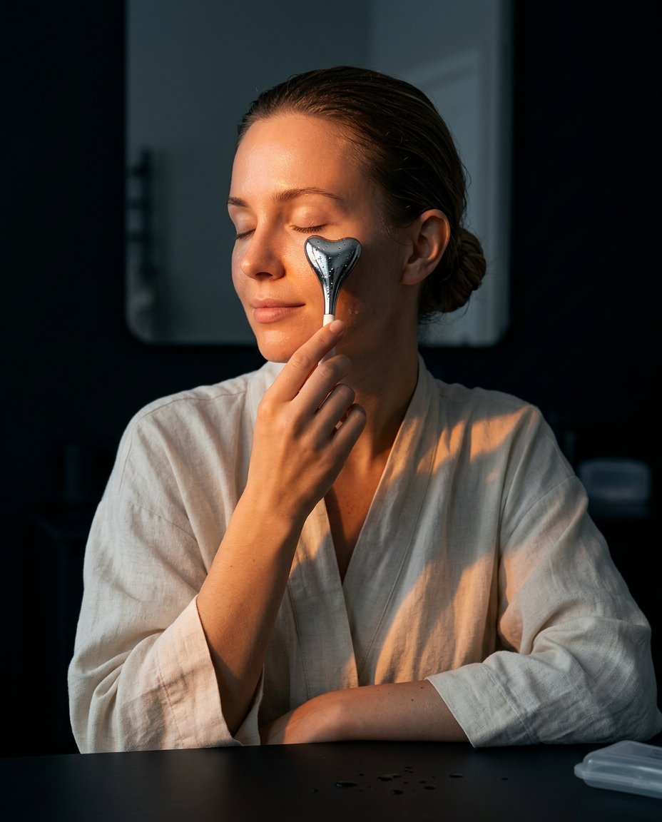 Woman in white robe gliding cooling eye massage tool under her eye in soft morning light