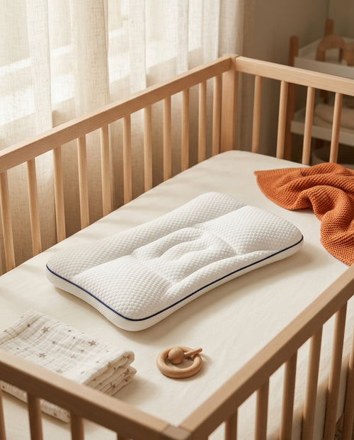 Baby head support pillow on a wooden crib mattress in a cozy nursery