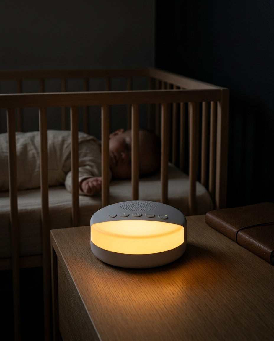 Sleep machine glowing amber on a nightstand beside a baby in a crib