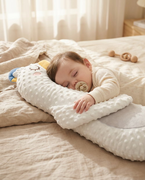 Baby sleeping while cuddling the white plush goose comfort pillow