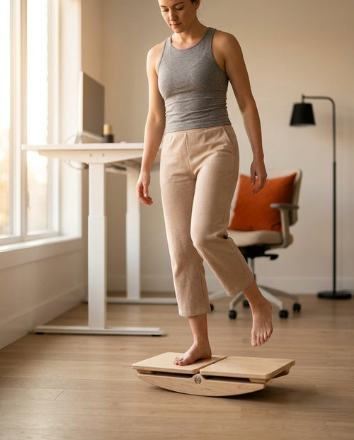 Woman balancing barefoot on the wooden rocker board at a home office desk