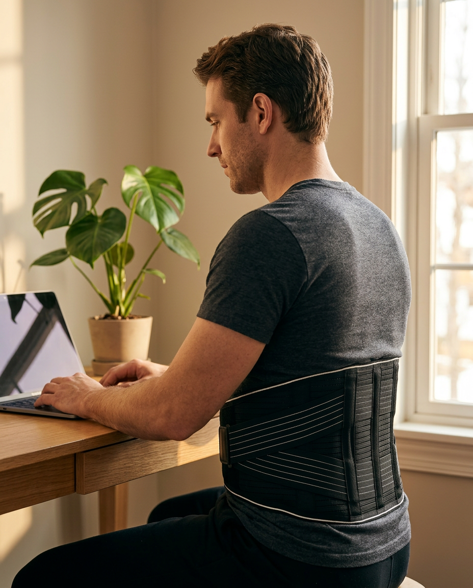 Man working at a desk wearing the lumbar support belt around his lower back