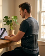 Man working at a desk wearing the lumbar support belt around his lower back
