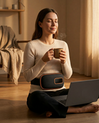 Woman wearing the heated waist massage belt while relaxing at home