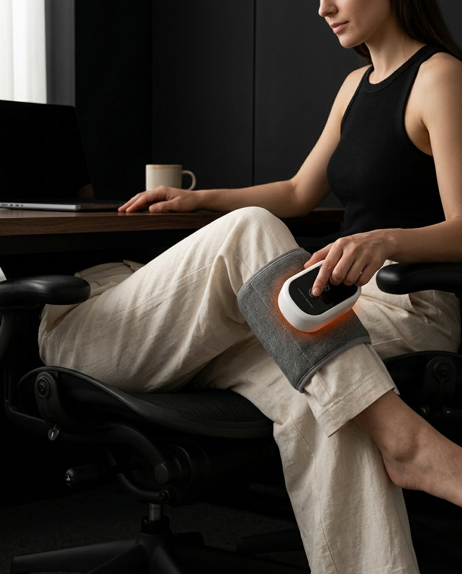 Woman at her desk using the electric calf massager wrapped around her leg