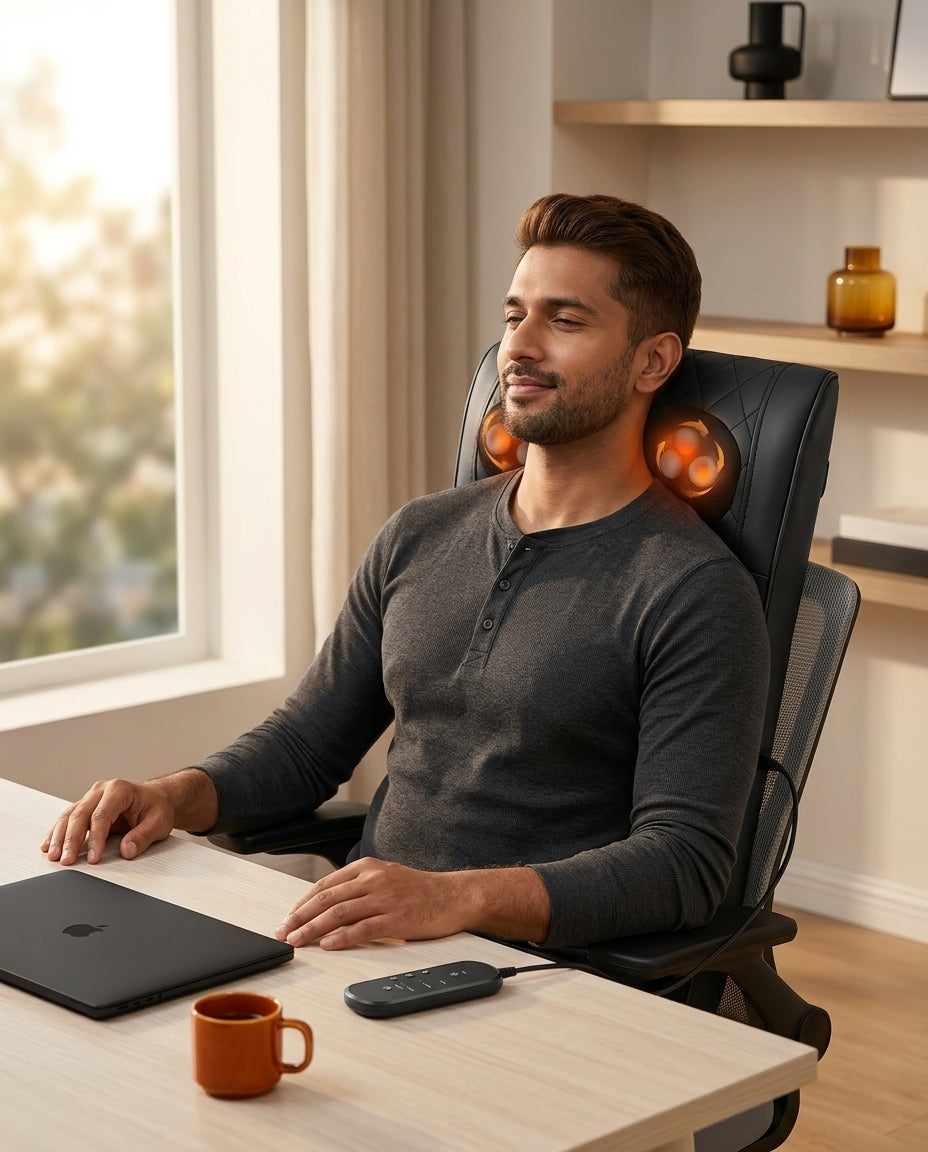Man relaxing in an office chair against the heated neck massager, glowing nodes warming his shoulders