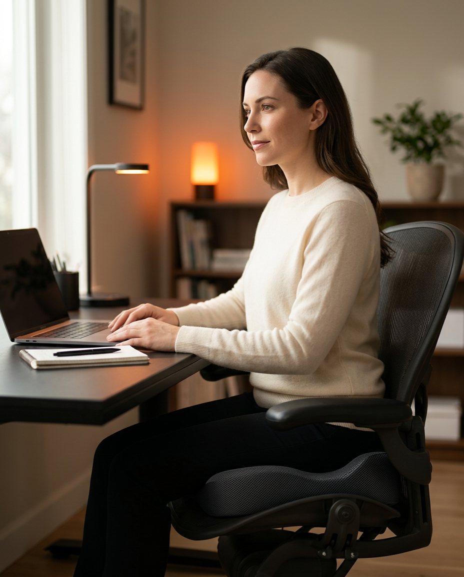 Woman sitting on the memory foam seat cushion at a home office chair