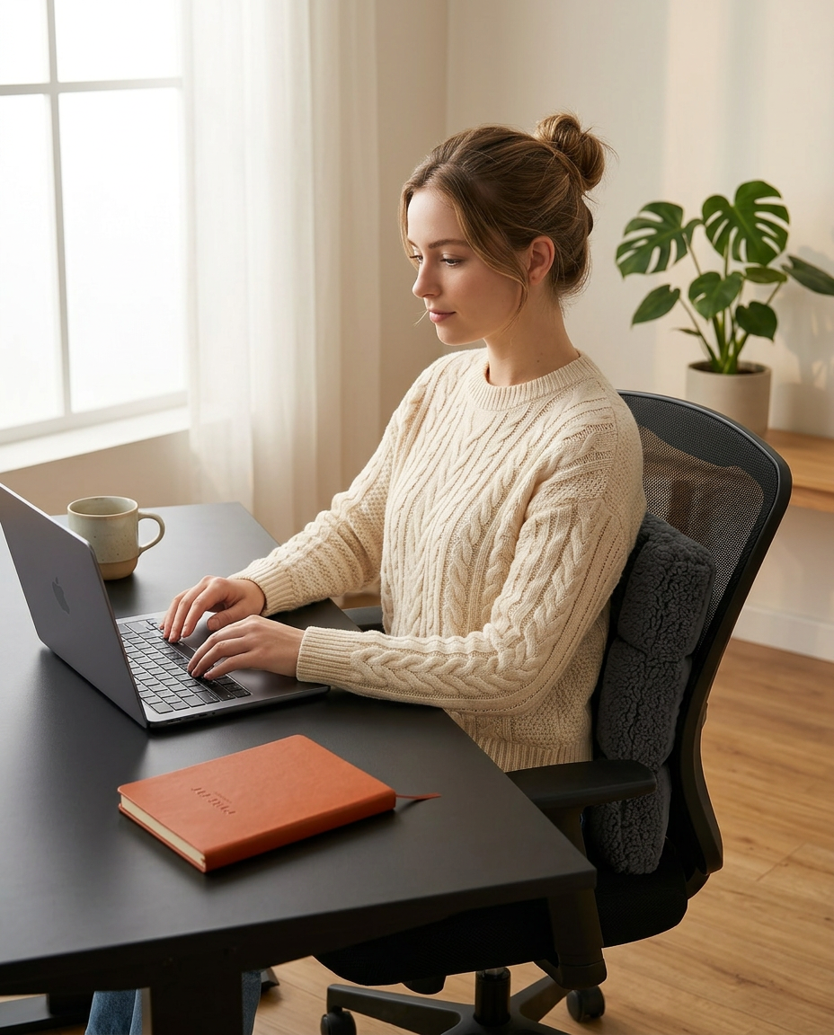 Woman typing at a desk with the lumbar pillow supporting her office chair