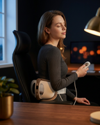 Woman in an office chair wearing the waist massager belt, holding the remote