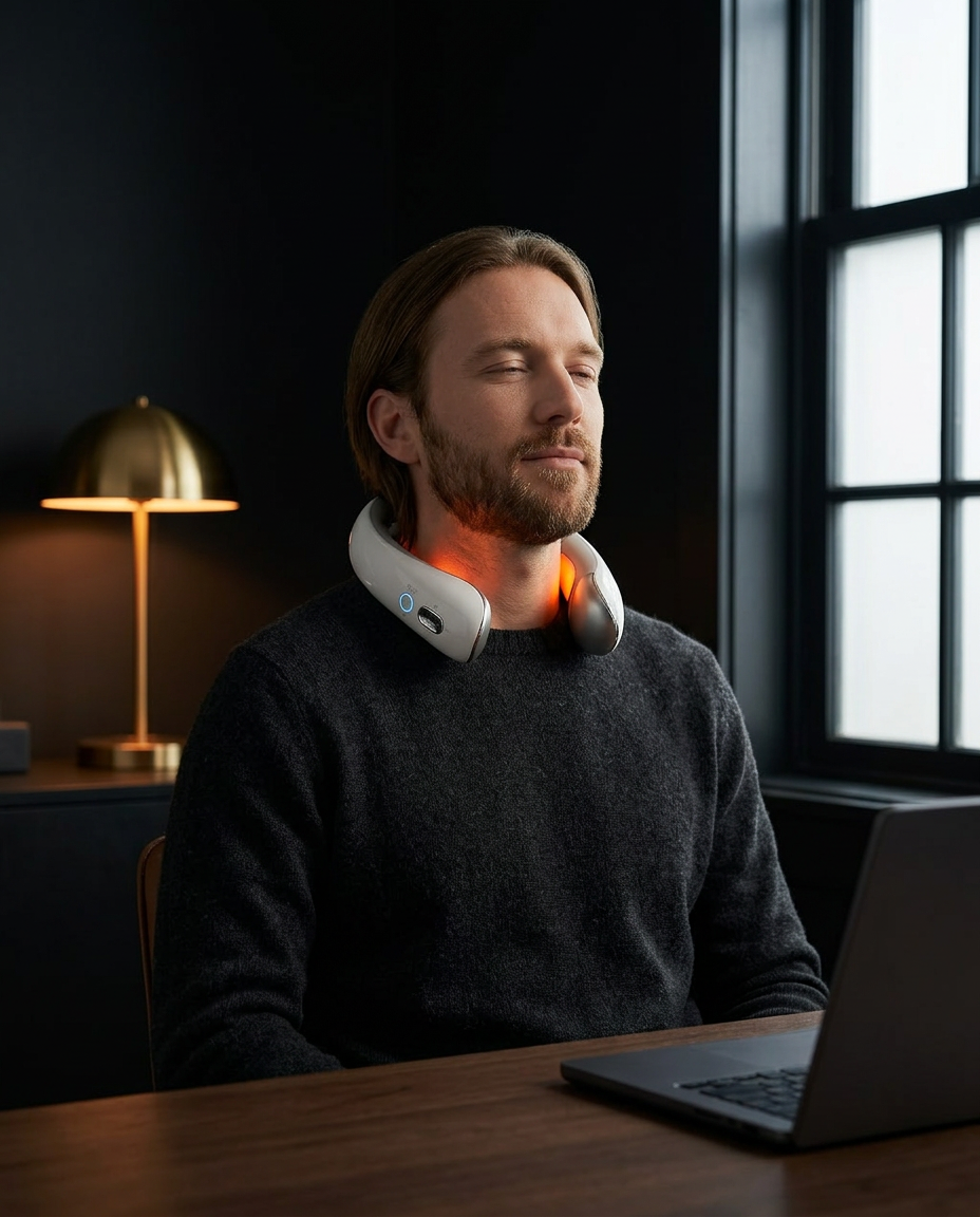 Man at desk wearing neck massager with eyes closed beside laptop