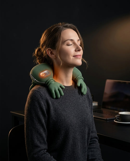 Woman at her desk wearing the green neck and shoulder massager