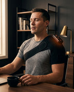 Man relaxing at a desk wearing the heated shoulder wrap, eyes closed