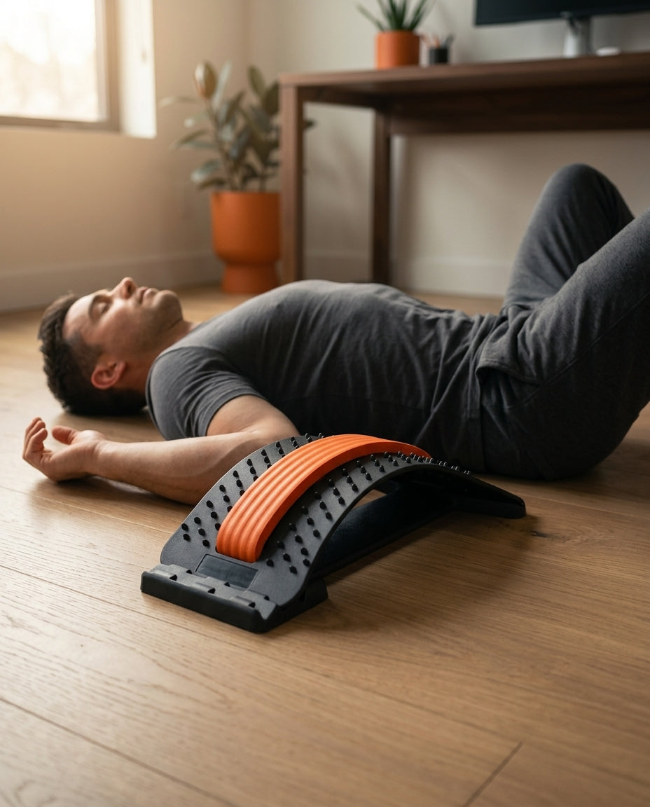 Man lying on the floor using the back stretcher under his lower back at home
