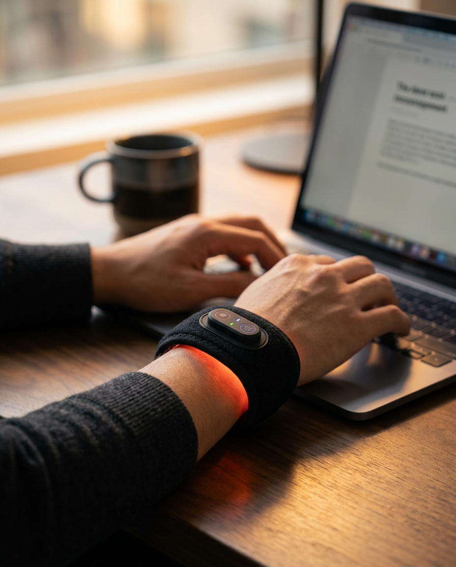 Red light wrist strap worn while typing on a laptop at a desk