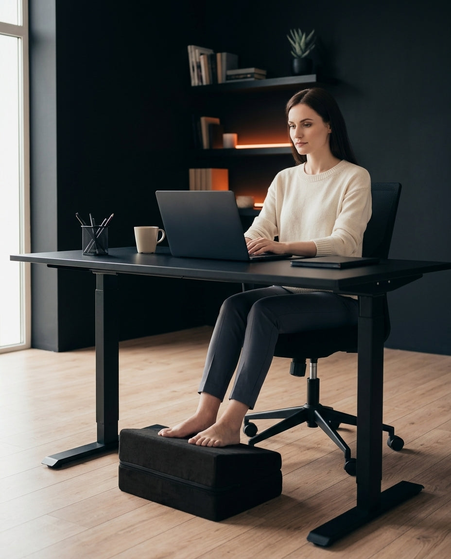 Woman at a desk resting her feet on the black foot rest cushion