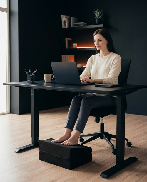 Woman at a desk resting her feet on the black foot rest cushion