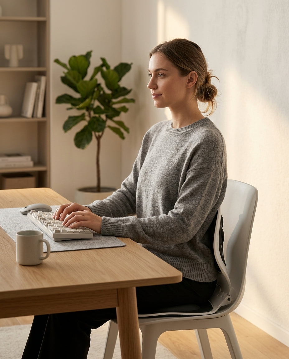 Woman typing at a desk seated upright on the posture support chair insert